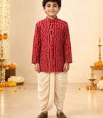 Boy's red rayon bandhni thigh length kurta and dhoti set