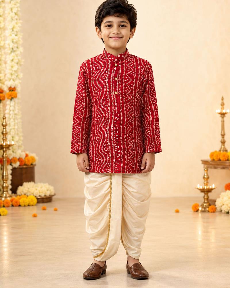 Boy's red rayon bandhni thigh length kurta and dhoti set