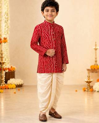 Boy's red rayon bandhni thigh length kurta and dhoti set 2