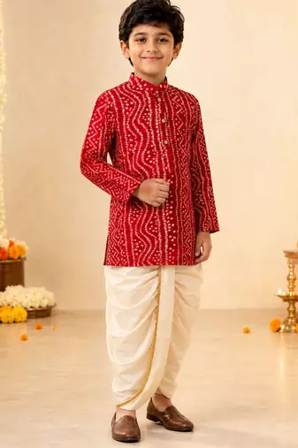 Boy's red rayon bandhni thigh length kurta and dhoti set