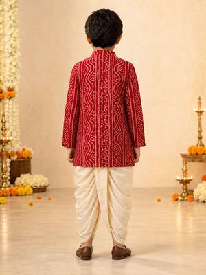 Boy's red rayon bandhni thigh length kurta and dhoti set 3