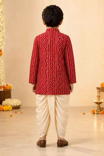 Boy's red rayon bandhni thigh length kurta and dhoti set