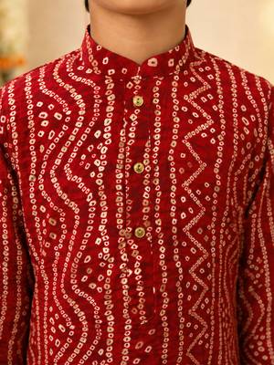 Boy's red rayon bandhni thigh length kurta and dhoti set 4