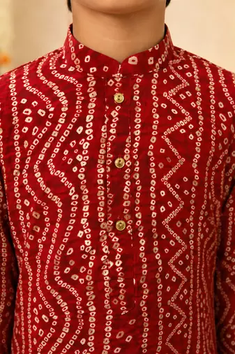 Boy's red rayon bandhni thigh length kurta and dhoti set