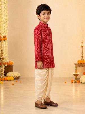 Boy's red rayon bandhni thigh length kurta and dhoti set 5