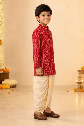 Boy's red rayon bandhni thigh length kurta and dhoti set