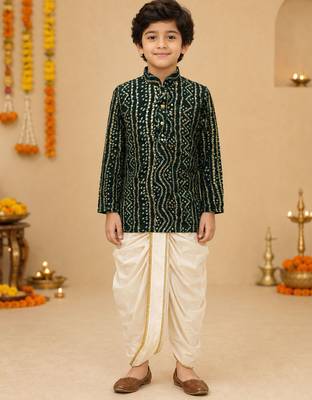 Boy's green rayon bandhni thigh length kurta and dhoti set 1