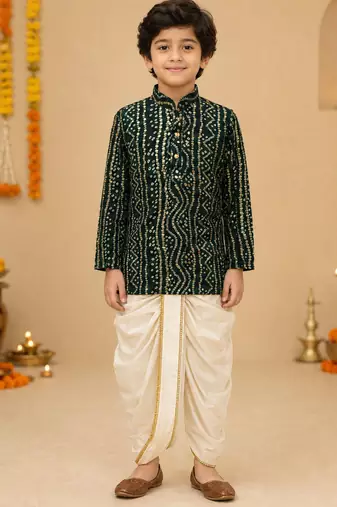 Boy's green rayon bandhni thigh length kurta and dhoti set