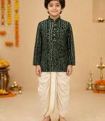 Boy's green rayon bandhni thigh length kurta and dhoti set