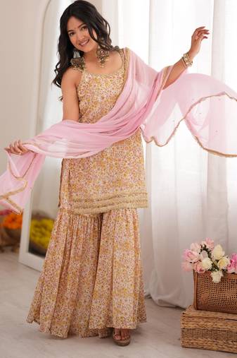 Ivory floral sharara set with dupatta