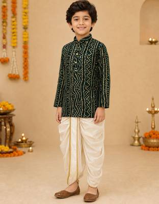 Boy's green rayon bandhni thigh length kurta and dhoti set 2