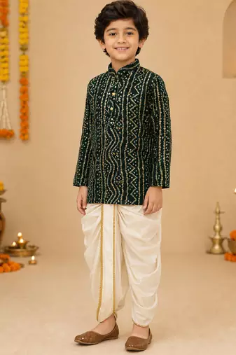 Boy's green rayon bandhni thigh length kurta and dhoti set