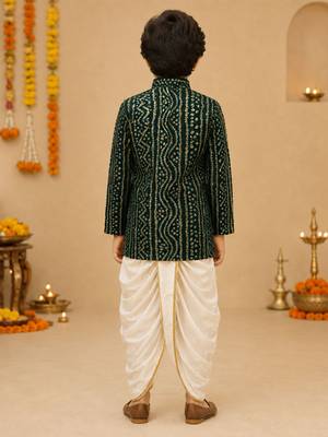 Boy's green rayon bandhni thigh length kurta and dhoti set 3