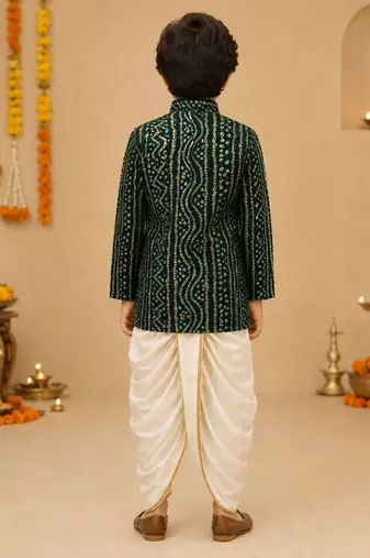 Boy's green rayon bandhni thigh length kurta and dhoti set