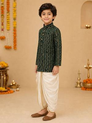 Boy's green rayon bandhni thigh length kurta and dhoti set 5