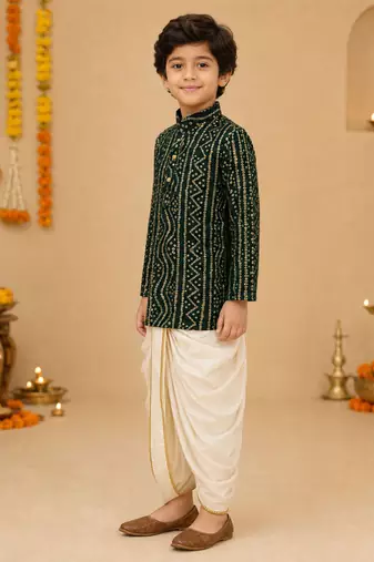 Boy's green rayon bandhni thigh length kurta and dhoti set