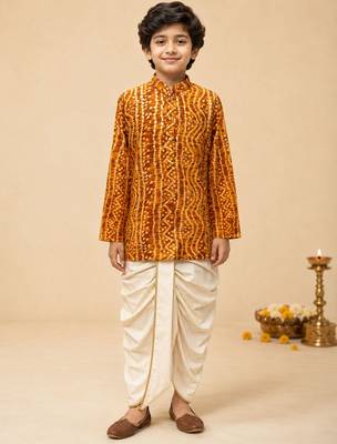 Boy's mustard rayon bandhni thigh length kurta and dhoti set 1