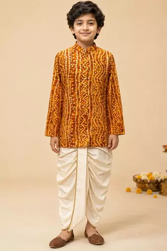 Boy's mustard rayon bandhni thigh length kurta and dhoti set
