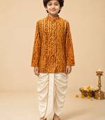 Boy's mustard rayon bandhni thigh length kurta and dhoti set