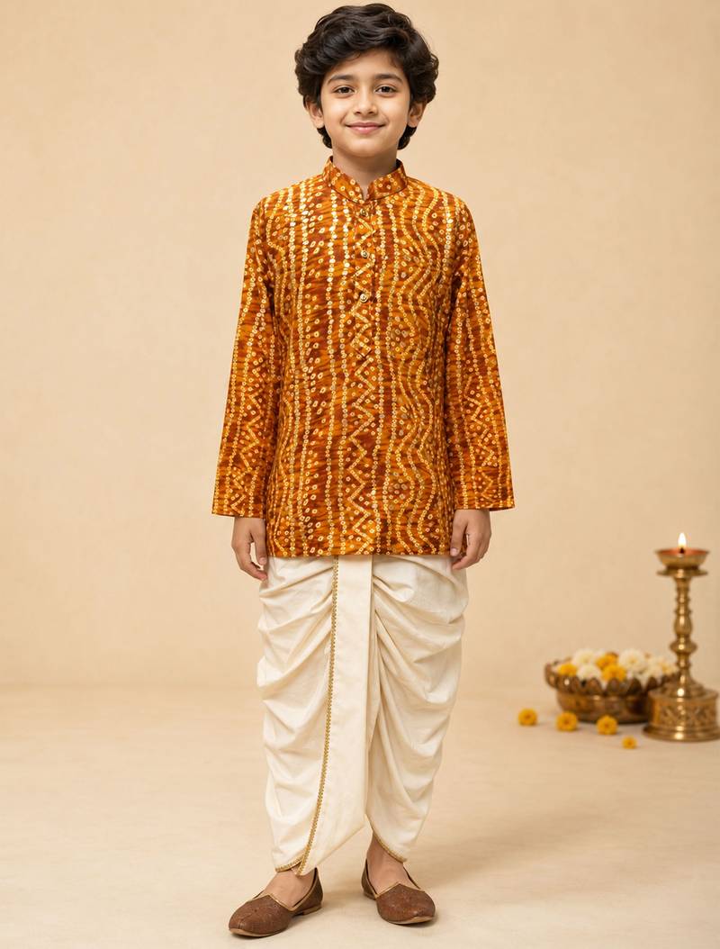 Boy's mustard rayon bandhni thigh length kurta and dhoti set