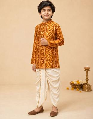Boy's mustard rayon bandhni thigh length kurta and dhoti set 2