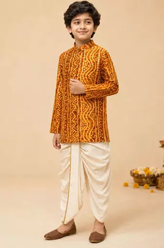 Boy's mustard rayon bandhni thigh length kurta and dhoti set