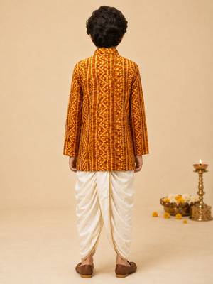 Boy's mustard rayon bandhni thigh length kurta and dhoti set 3