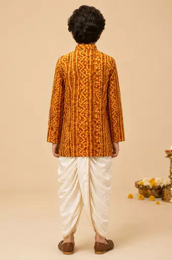 Boy's mustard rayon bandhni thigh length kurta and dhoti set