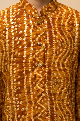 Boy's mustard rayon bandhni thigh length kurta and dhoti set