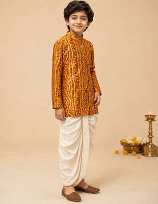 Boy's mustard rayon bandhni thigh length kurta and dhoti set 5
