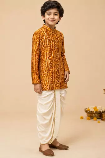 Boy's mustard rayon bandhni thigh length kurta and dhoti set