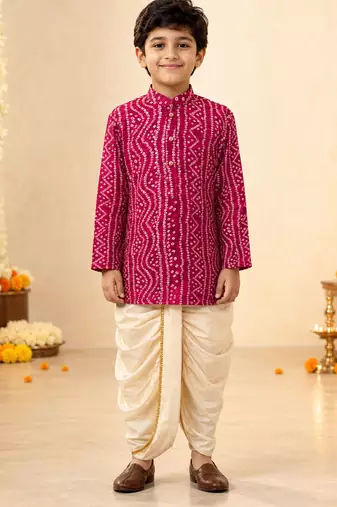 Boy's fuchsia rayon bandhni thigh length kurta and dhoti set
