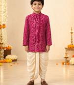 Boy's fuchsia rayon bandhni thigh length kurta and dhoti set