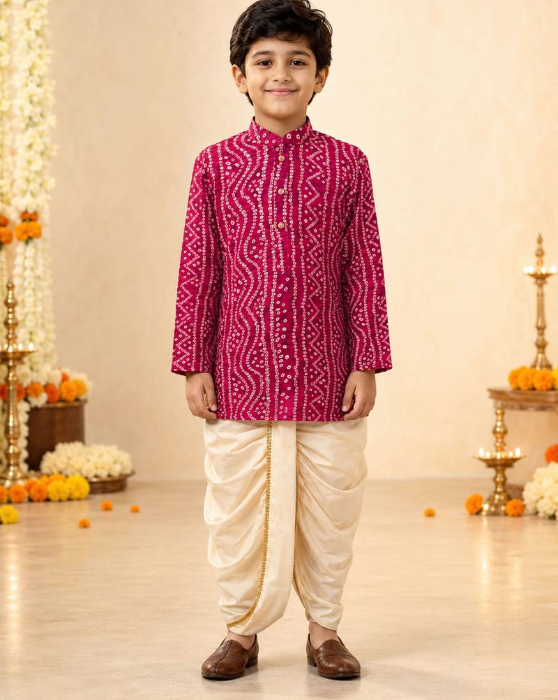 Boy's fuchsia rayon bandhni thigh length kurta and dhoti set