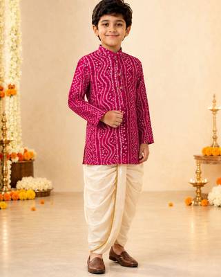 Boy's fuchsia rayon bandhni thigh length kurta and dhoti set 2