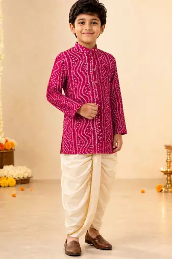 Boy's fuchsia rayon bandhni thigh length kurta and dhoti set
