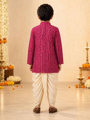 Boy's fuchsia rayon bandhni thigh length kurta and dhoti set 3