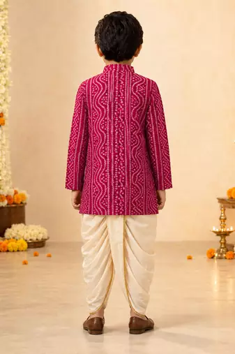 Boy's fuchsia rayon bandhni thigh length kurta and dhoti set