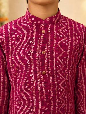 Boy's fuchsia rayon bandhni thigh length kurta and dhoti set 4