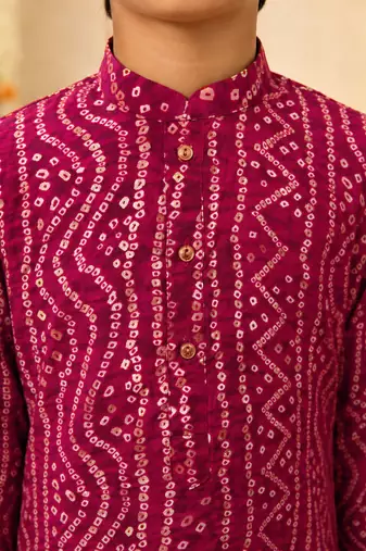 Boy's fuchsia rayon bandhni thigh length kurta and dhoti set