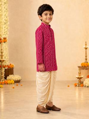 Boy's fuchsia rayon bandhni thigh length kurta and dhoti set 5