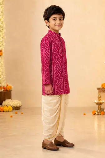 Boy's fuchsia rayon bandhni thigh length kurta and dhoti set