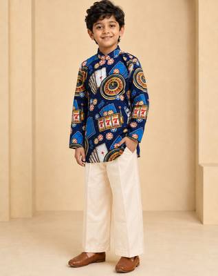 Boy's blue muslin quirky thigh length kurta and pyjama set 1
