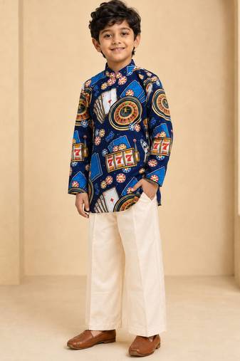 Boy's blue muslin quirky thigh length kurta and pyjama set