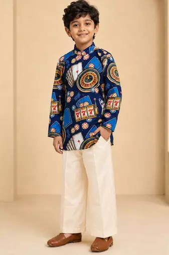 Boy's blue muslin quirky thigh length kurta and pyjama set