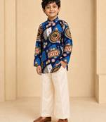 Boy's blue muslin quirky thigh length kurta and pyjama set