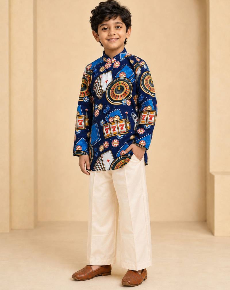Boy's blue muslin quirky thigh length kurta and pyjama set