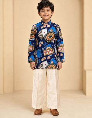 Boy's blue muslin quirky thigh length kurta and pyjama set 3