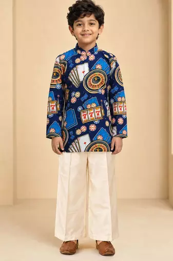 Boy's blue muslin quirky thigh length kurta and pyjama set
