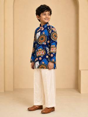 Boy's blue muslin quirky thigh length kurta and pyjama set 4